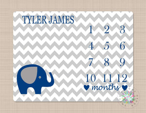 Elephant Milestone Blanket Monthly Growth Tracker Navy Blue Gray Chevron Elephant Perosnalized Baby Boy Blanket Name Nursery Bedding B186