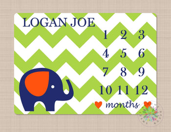 Elephant Milestone Blanket Monthly Growth Tracker Navy Blue Orange Lime Green Chevron Baby Boy Blanket Name Nursery Bedding B424-Sweet Blooms Decor