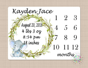 Elephant Milestone Blanket Monthly Growth Tracker Personalized Newborn Baby Boy Watercolor Laurel Wreath Flowers Baby Shower Gift B435