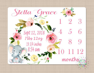 Elephant Milestone Blanket Monthly Growth Tracker Personalized Newborn Baby Girl Watercolor Floral Wreath Flowers Baby Shower Gift B436