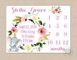 Elephant Milestone Blanket Monthly Growth Tracker Personalized Newborn Baby Girl Watercolor Floral Wreath Flowers Baby Shower Gift B436