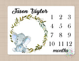 Elephant Milestone Blanket Monthly Growth Tracker Watercolor Leaves Wreath Tracking Boy Elephants Nursery Decor BAby Shower Gift B376