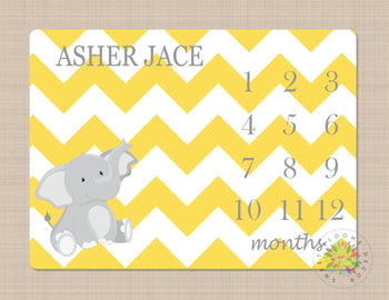 Elephant Milestone Blanket Monthly Growth Tracker Yellow Gray Chevron Elephant Baby Boy Blanket Name Blanket Shower Gift Bedding B287