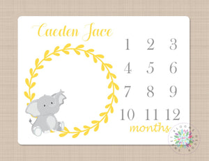 Elephant Milestone Blanket Monthly Growth Tracker Yellow Gray Elephant Perosnalized Baby Boy Blanket Monogram Nursery Decor Bedding B220