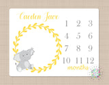 Elephant Milestone Blanket Monthly Growth Tracker Yellow Gray Elephant Perosnalized Baby Boy Blanket Monogram Nursery Decor Bedding B220