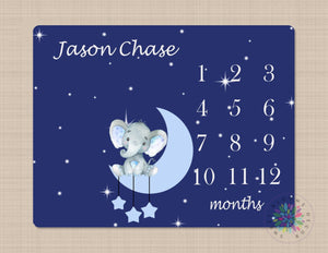 Elephant Milestone Blanket Moon Starts Space Twinkle NAvy Blue Monthly Growth Tracker  Personalized Monthly Tracking Baby Boy Shower B329