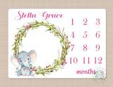 Elephant Milestone Blanket Pink Floral Girl Elephant Monthly Growth Tracker Newborn Baby Name Blanket Wreath Flowers Baby Shower Gift  B397