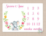 Elephant Milestone Blanket Pink Flowers Girl Blanket Monthly Growth Tracker Watercolor Floral Wreath Elephants Nursery Decor Baby Shower 238
