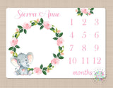 Elephant Milestone Blanket Pink Flowers Girl Blanket Monthly Growth Tracker Watercolor Floral Wreath Elephants Nursery Decor Baby Shower 241