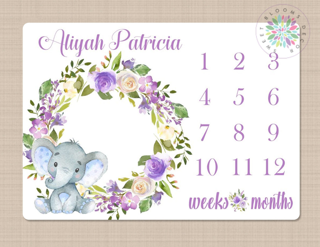 Elephant Milestone Blanket Purple Floral Wreath Girl Elephant Monthly Growth Tracker Newborn Girl Name Blanket Flowers Baby Shower Gift B331
