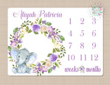 Elephant Milestone Blanket Purple Floral Wreath Girl Elephant Monthly Growth Tracker Newborn Girl Name Blanket Flowers Baby Shower Gift B331