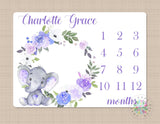Elephant Milestone Blanket Purple Floral Wreath Girl Elephant Monthly Growth Tracker Newborn Girl Name Blanket Flowers Baby Shower Gift B612