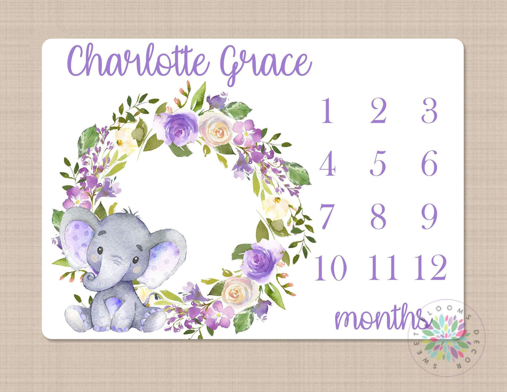 Elephant Milestone Blanket Purple Lavender Floral Wreath Girl Monthly Growth Tracker Newborn Girl Name Blanket Flowers Baby Shower Gift B643