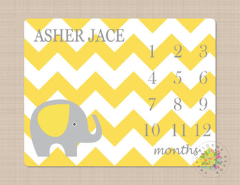 Elephant Milestone Blanket Yellow Gray Monthly Growth Tracker Chevron Elephant Baby Boy Blanket Name Blanket Nursery Decor Bedding B286