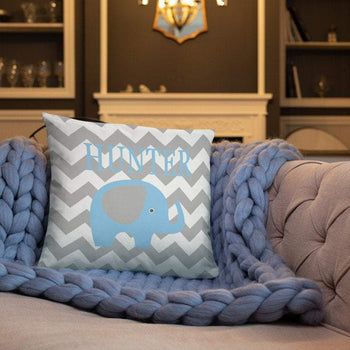 Elephant Nursery Throw Pillow Light Baby Blue Gray Chevron Elephants Baby Room Decor Elephant Baby Shower Gift Decorative Name Pillow 157-Sweet Blooms Decor
