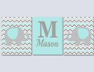 Elephant Nursery Wall Art Teal Blue Gray Chevron Nursery Decor Mist Gray Chevron Nane Monogram BAby Shower Gift C140-Sweet Blooms Decor