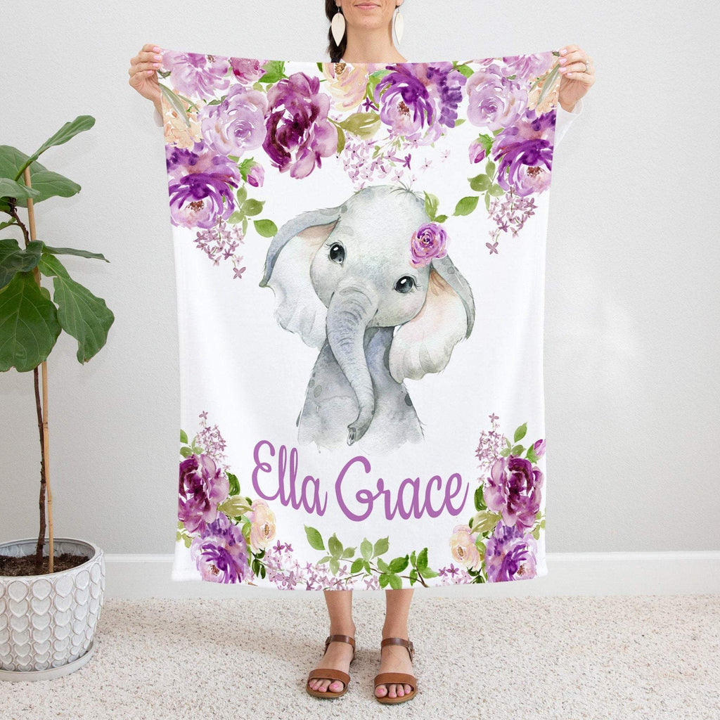 Elephant Purple Floral Name Blanket Purple Lavender Lilac Flowers Personalized Monogram Girl Baby Shower Gift Crib Bedding Nursery  B1157