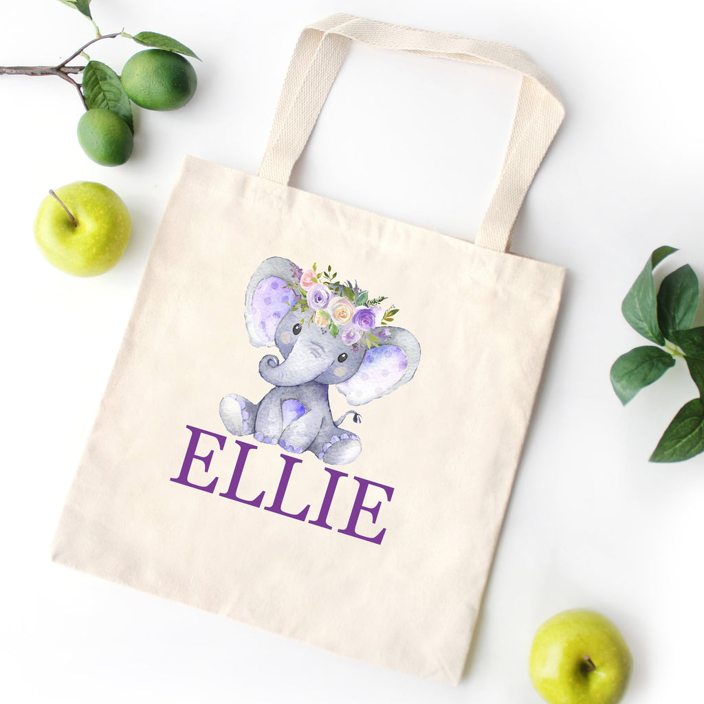 Elephant Purple Floral Tote Bag Personalized Kids Canvas School Custom Preschool Daycare Toddler Beach Tote Bag Birthday Gift Library 145-Sweet Blooms Decor