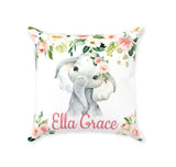 Elephant Floral Girl Throw Pillow Nursery Decor Blush Pink Coral Flowers Bedroom Room Cushion Girl Name Monogram Baby Shower Gift P208