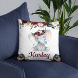 Elephant Floral Girl Name Throw Pillow Blush Pink Burgundy Red Navy Blue Maroon Watercolor Flowers Nursery Bedding Decor 206 
