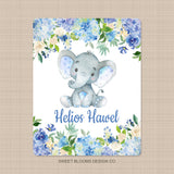 Elephants Baby Boy Blanket Watercolor Blue Floral Hydrangea Newborn Baby Name Blanket Monogram Flowers Baby Shower Gift Bedding B1001-Sweet Blooms Decor