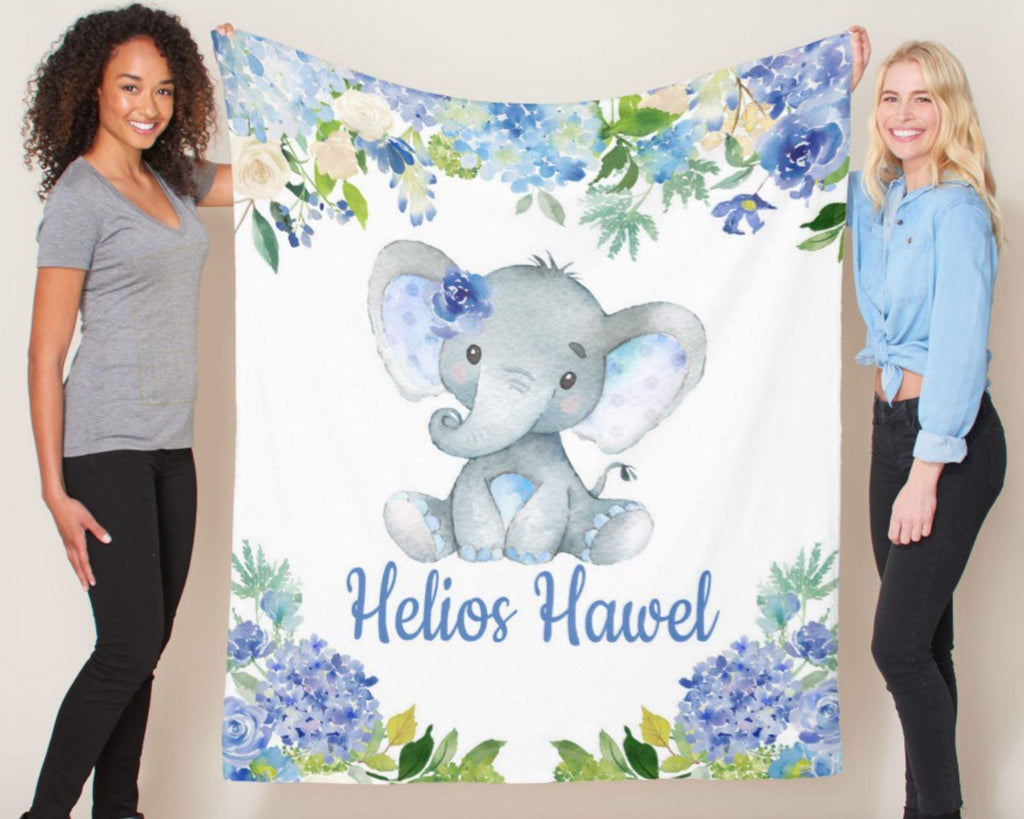 Elephants Baby Boy Blanket Watercolor Blue Floral Hydrangea
