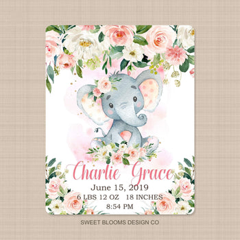 Elephants Baby Girl Blanket Watercolor Coral Pink  Floral Newborn Baby Girl Name Blanket Monogram Flowers Baby Shower Gift Bedding B803