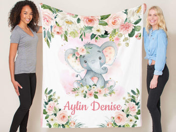 Elephants Baby Girl Blanket Watercolor Coral Pink  Floral Newborn Baby Girl Name Blanket Monogram Flowers Baby Shower Gift Bedding B890
