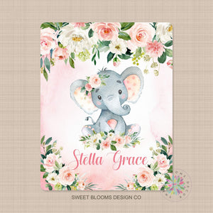 Elephants Baby Girl Name Blanket Watercolor Coral Pink  Floral Newborn Baby Girl Name Blanket Monogram Flowers Baby Shower Gift Bedding B691