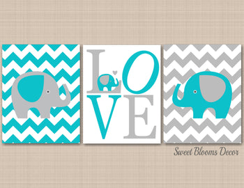 Elephants Boy Nursery Wall Art Teal Aqua Gray Chevron Love Kids Bedroom Decor Baby Shower Gift Brother Twins UNFRAMED C536-Sweet Blooms Decor