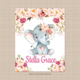 Elephants Floral Baby Girl Name Blanket Watercolor Coral Blush Pink Peach Magenta Bugundy Red Flowers Baby Shower Gift Bedding B1046