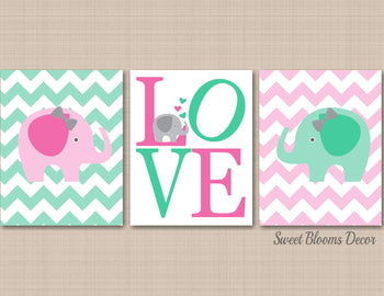 Elephants Girl Nursery Wall Art Decor Pink Mint Green Gray Chevron Love Twins Sisters Baby Girl Shower Gift Modern C537-Sweet Blooms Decor