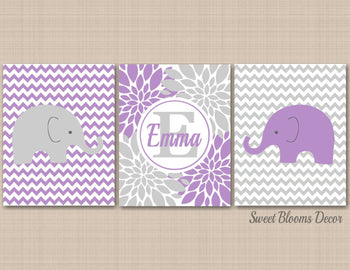 Elephants Girl Nursery Wall Art Lavender Gray Purple Flowers Chevron Name Monorgam Art Baby Girl Bedroom Decor C370-Sweet Blooms Decor