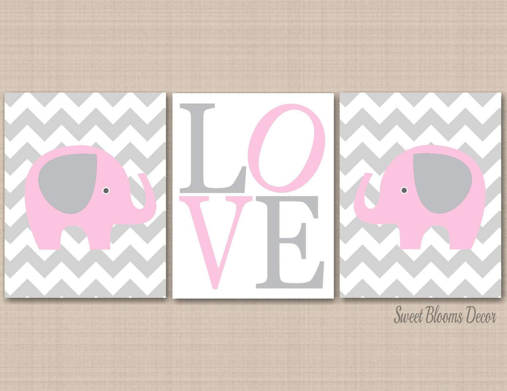 Elephants Girl Nursery Wall Art Pink Gray Chevron Baby Girl Bedroom Decor Love Baby Shower Gift UNFRAMED C149-Sweet Blooms Decor