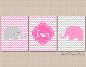 Elephants Girl Nursery Wall Art Pink Gray Chevron Elephants Baby Girl Bedroom Decor Baby Shower Gift Bathroom C416-Sweet Blooms Decor