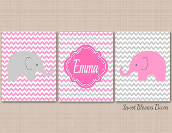 Elephants Girl Nursery Wall Art Pink Gray Chevron Elephants Baby Girl Bedroom Decor Baby Shower Gift Bathroom C416-Sweet Blooms Decor