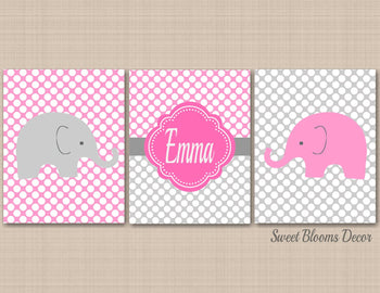 Elephants Girl Nursery Wall Art Pink Gray Chevron Polka Dots Girl BEdroom Decor Name Monogram Baby Shower Gift C420-Sweet Blooms Decor