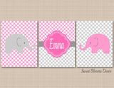 Elephants Girl Nursery Wall Art Pink Gray Chevron Polka Dots Girl BEdroom Decor Name Monogram Baby Shower Gift C420-Sweet Blooms Decor