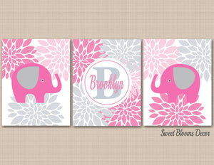 Elephants Girl Nursery Wall Art Pink Gray Floral Baby Girl Bedroom Decor Name Monogram Flowers Shower Gift UNFRAMED C138-Sweet Blooms Decor