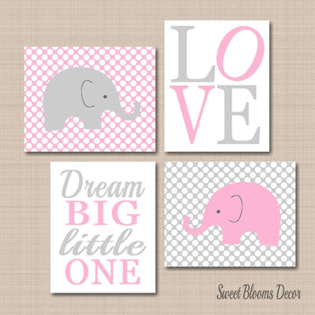 Elephants Girl Nursery Wall Art Pink Gray Polkadots Bedroom Decor Love Dream Big Little One Baby Shower Gift UNFRAMED C336-Sweet Blooms Decor