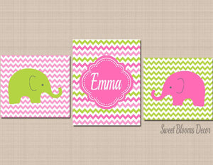 Elephants Girl Nursery Wall Art Pink Lime Green Chevron Elephant Nursery Decor Pink Elephant Nurser Baby Shower Gift C376-Sweet Blooms Decor