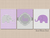 Elephants Girl Nursery Wall Art Purple Lavender Gray Chevron Polka Dots Bedroom Decor Name Monogram Baby Shower Gift C371-Sweet Blooms Decor