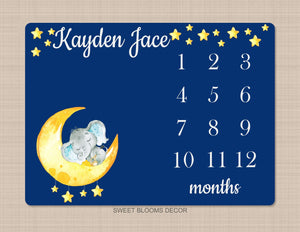 Elephants Moon Stars Milestone Blanket Baby Boy Monthly Growth Tracker Twinkle Little Stars Personalized Shower Gift Nursery Bedding B937-Sweet Blooms Decor