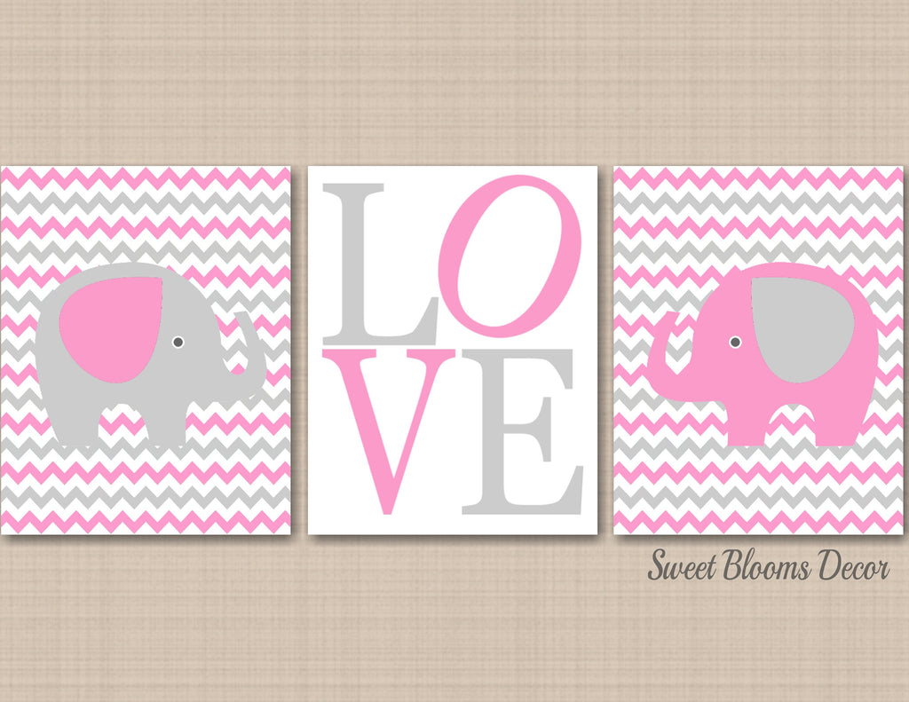 Elephants Nursery Decor Girl Wall Art Pink Gray Chevron Love Baby Girl Bedroom Decor Baby Shower Gift Twins Sisters C497-Sweet Blooms Decor