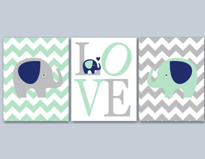 Elephants Nursery Decor Mint Green Navy Blue Gray Chevron Love Boys Twins Brothers Nursery Wall Art Baby Shower Gift C142-Sweet Blooms Decor