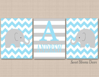 Elephants Nursery Decor Wall Art Baby Blue Gray Chevron Stripes Name Mogram Twins Boys Brothers Baby Shower Gift C366-Sweet Blooms Decor