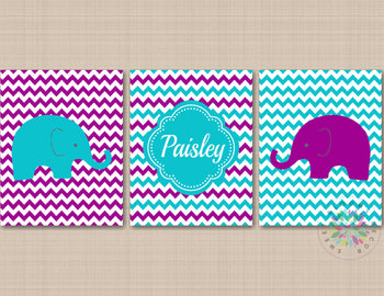 Elephants Nursery Decor Wall Art Purple Teal Chevron Baby Girl Boy Name Monorgam Neutral Bedroom Decor Twins C783-Sweet Blooms Decor