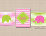 Elephants Nursery Wall Ar Pink Lime Green Elephants Baby Girl Bedroom Decor Chevron Polkadot Monogram Name UNFRAMED C376-Sweet Blooms Decor