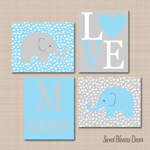 Elephants Nursery Wall Art Blue Gray Hearts Love Name Monogram Baby Boy Bedroom Decor Twins Brothers Nursery Decor C367-Sweet Blooms Decor