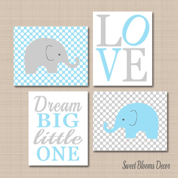 Elephants Nursery Wall Art Decor Baby Blue Gray Polkadots Love Dream Big Little One Twins Brothers Boy Baby Shower Gift C335-Sweet Blooms Decor